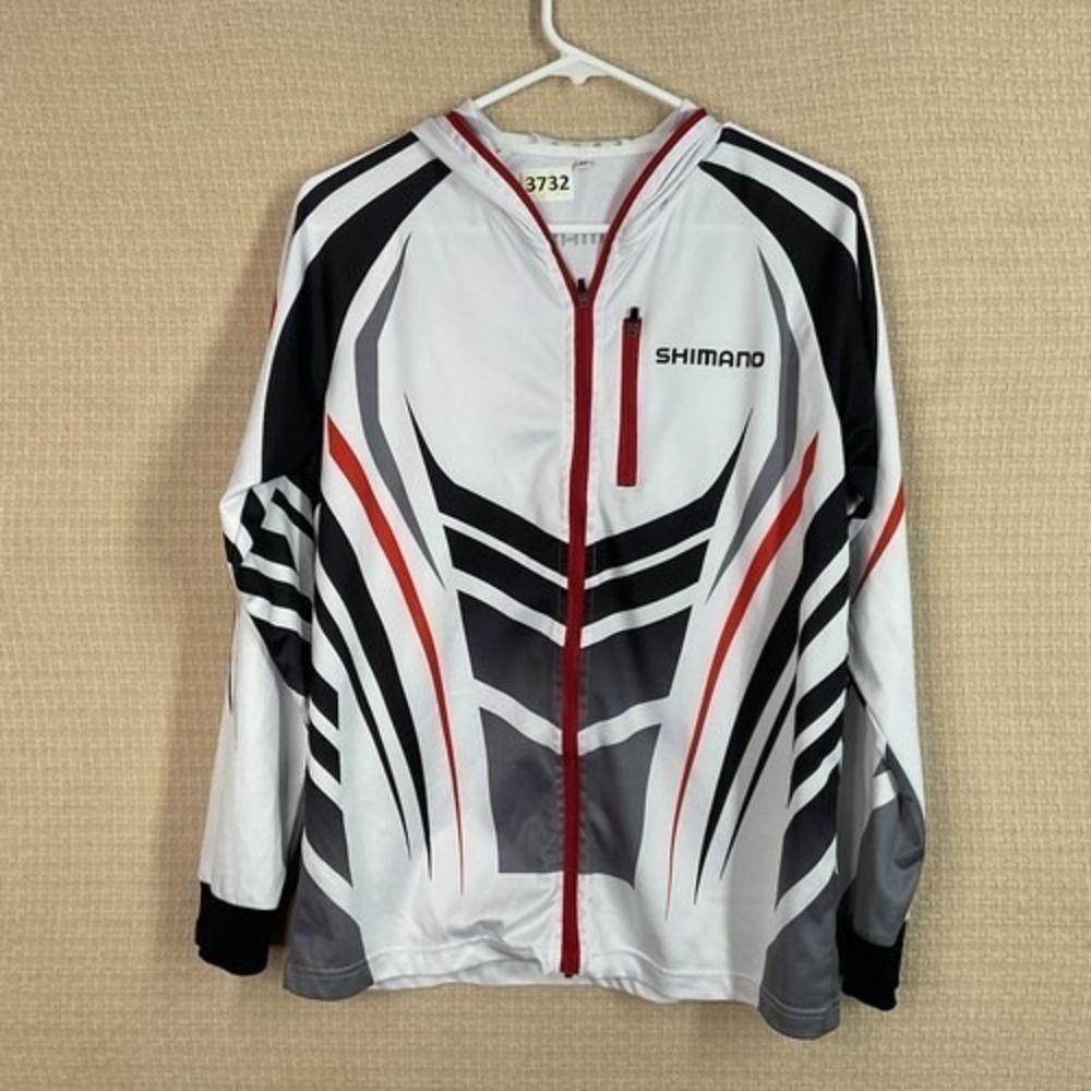 Shimano White/Black Long Sleeve Full Zip Hooded‎ Cycling Riding Shirt Men M